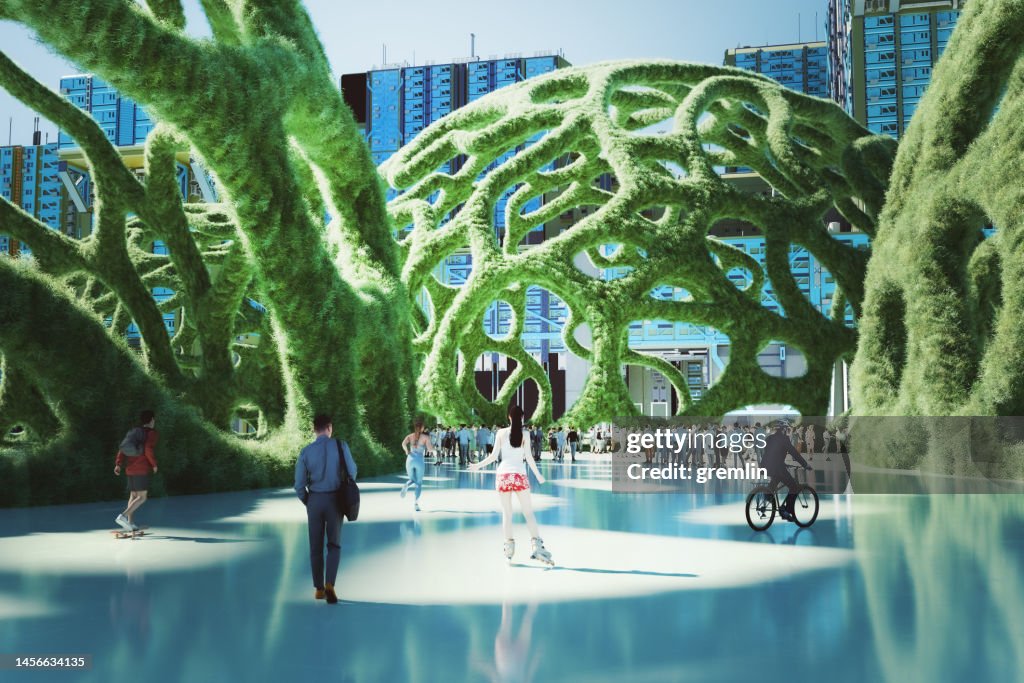 People in futuristic green city park