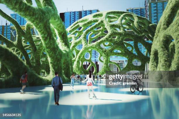 people in futuristic green city park - future city bildbanksfoton och bilder