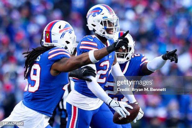 Kaiir Elam of the Buffalo Bills celebrates with teammates after an interception against the Miami Dolphins during the third quarter of the game in...