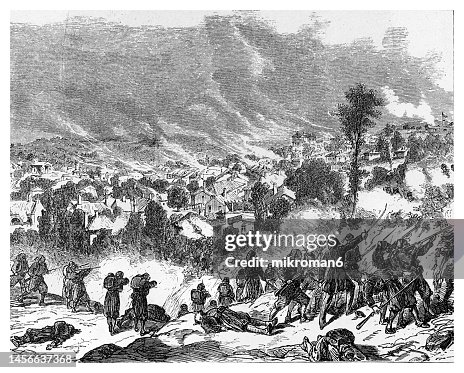 Old engraved illustration of Turkish troops taking the city of Kujaschewatz on August 5, 1876