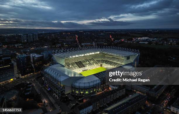 An aerial view of St James Park after the Premier League match between Newcastle United and Fulham FC at St. James Park on January 15, 2023 in...