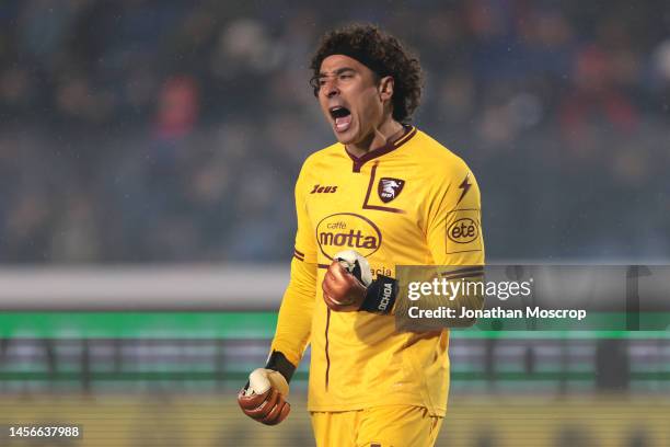 Guillermo Ochoa of Salernitana reacts during the Serie A match between Atalanta BC and Salernitana at Gewiss Stadium on January 15, 2023 in Bergamo,...