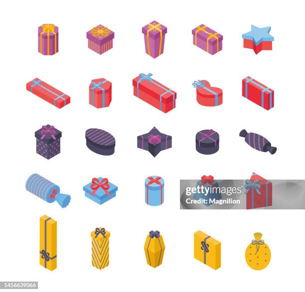 gift box isometric vector set - wrapped present stock illustrations