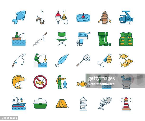 fishing color line icons. editable stroke. - boat deck stock illustrations