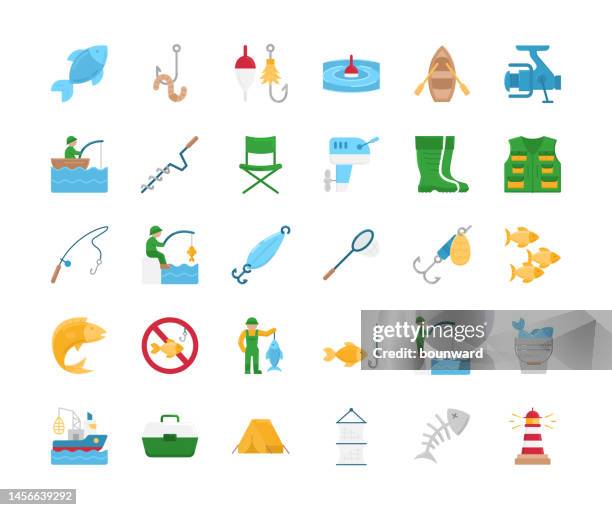 fishing flat design icons. - fisherman isolated stock illustrations