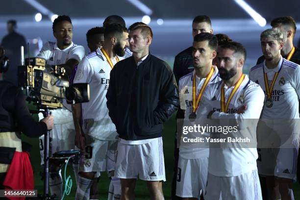 Real Madrid players looks dejected following the team's defeat during the Super Copa de Espana Final match between Real Madrid and FC Barcelona at...