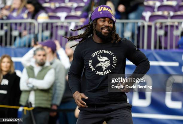 Dalvin Cook of the Minnesota Vikings warms up prior to the NFC Wild Card playoff game against the New York Giants at U.S. Bank Stadium on January 15,...