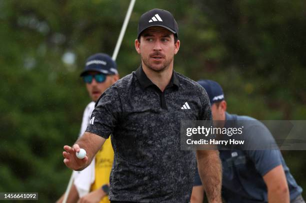 Nick Taylor of Canada reacts to his birdie putt on the eighth green during the final round of the Sony Open in Hawaii at Waialae Country Club on...