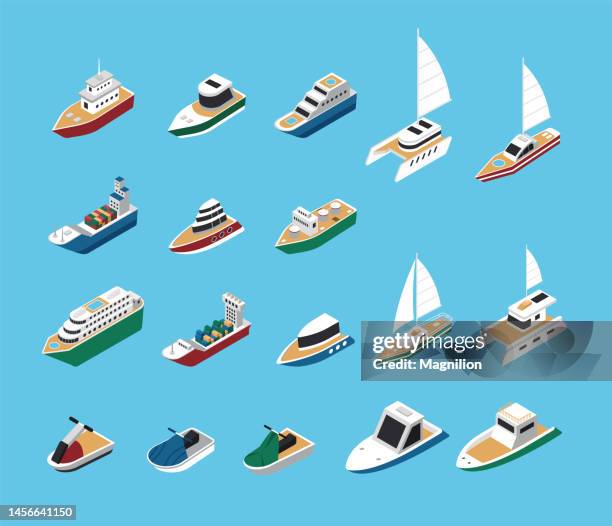 stockillustraties, clipart, cartoons en iconen met ships, liners, yachts, sailboats and jet skis isometric vector - watervaartuig