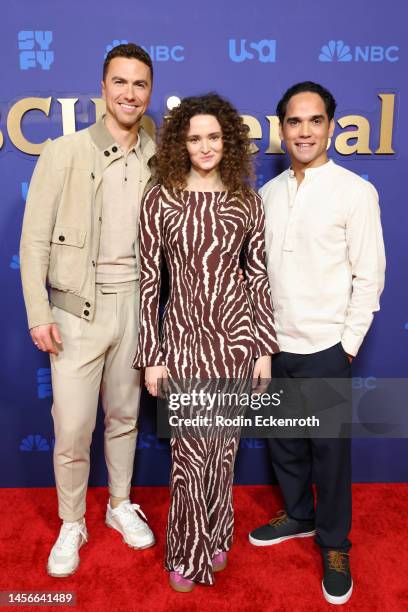 Richard Fleeshman, Christie Burke, and Reece Ritchie attend the 2023 NBCUniversal TCA Winter Press Tour at The Langham Huntington, Pasadena on...