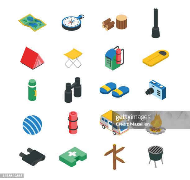 traveling isometric vector set - phone flashlight stock illustrations