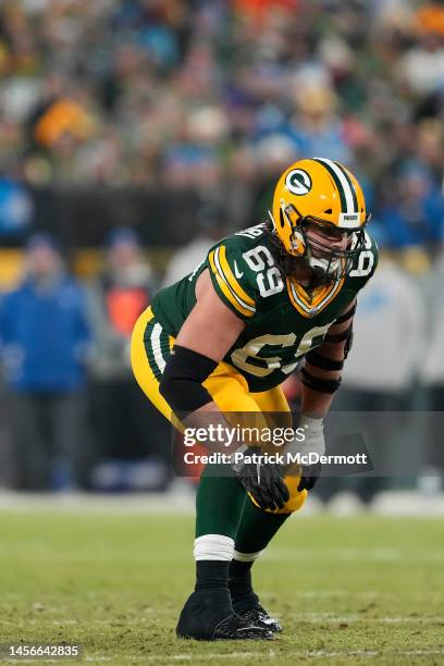 David Bakhtiari of the Green Bay Packers prepares for a play against the Detroit Lions in the first half at Lambeau Field on January 08, 2023 in...