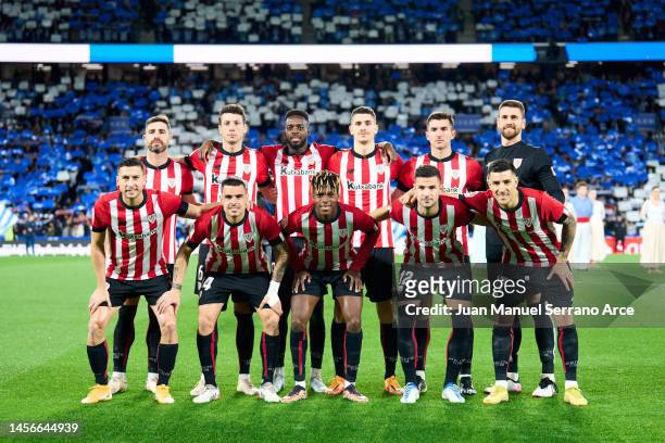 Players of Athletic Club pose for a team photograph prior to the LaLiga Santander match between Real Sociedad and Athletic Club at Reale Arena on...