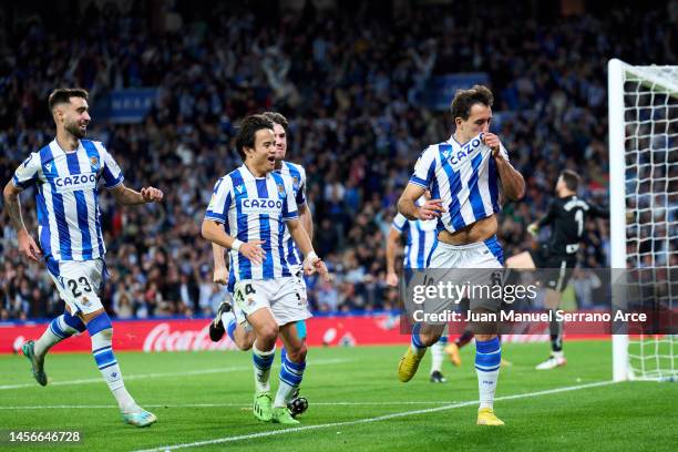 Mikel Oyarzabal of Real Sociedad celebrates after scoring his team's third goal during the LaLiga Santander match between Real Sociedad and Athletic...