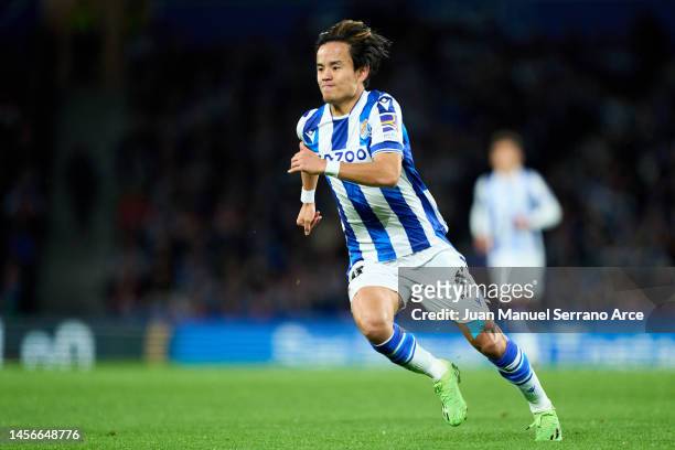 Takefusa Kubo of Real Sociedad in action during the LaLiga Santander match between Real Sociedad and Athletic Club at Reale Arena on January 14, 2023...