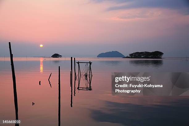 sunset over lake biwa - omi stock pictures, royalty-free photos & images