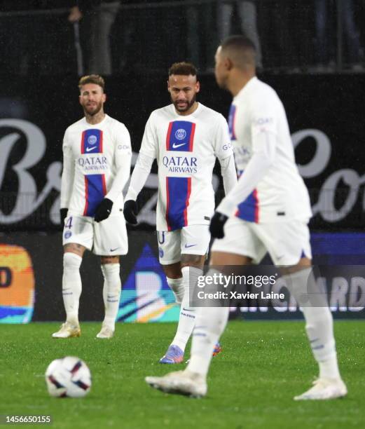Sergio Ramos, Neymar Jr andKylian Mbappe of Paris Saint-Germain are dissapointed after the defeat during the Ligue 1 match between Stade Rennes and...
