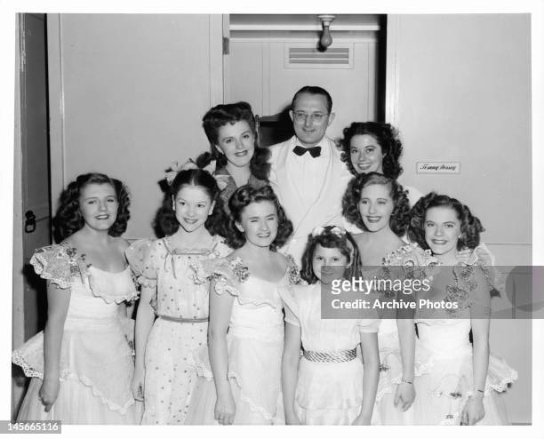 Helene Stanley , Bonnie Edwards , Tommy Dorsey, Joan Fay Macaboy, and Reba Robinson posing for picture in publicity portrait for the film 'Thrill Of...