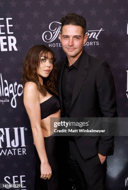 Sarah Hyland and Wells Adams attend the 28th Annual Critics Choice Awards at Fairmont Century Plaza on January 15, 2023 in Los Angeles, California.