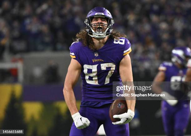 Hockenson of the Minnesota Vikings reacts after a reception during the second quarter against the New York Giants in the NFC Wild Card playoff game...