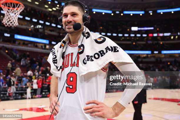 Nikola Vucevic of the Chicago Bulls is interviewed after the game against the Golden State Warriors at United Center on January 15, 2023 in Chicago,...