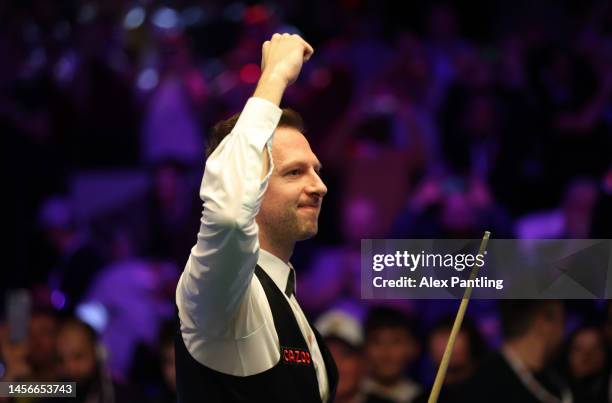 Judd Trump of England celebrates his victory in the Cazoo Masters Final against Mark Williams of Wales at Alexandra Palace on January 15, 2023 in...