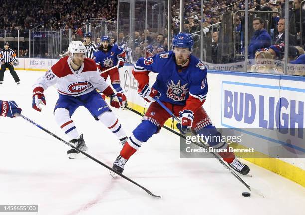 Alexis Lafreniere of the New York Rangers skates against the Montreal Canadiens during the second period at Madison Square Garden on January 15, 2023...