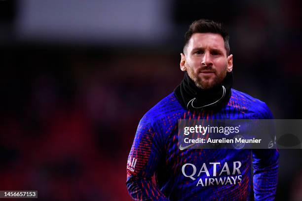 Leo Messi of Paris Saint-Germain warms up before the Ligue 1 match between Stade Rennes and Paris Saint-Germain at Roazhon Park on January 15, 2023...