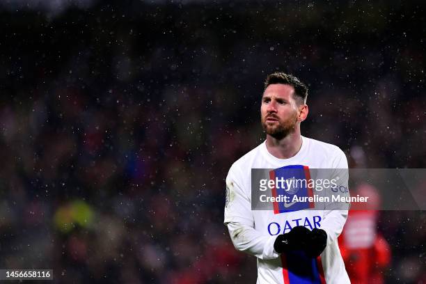 Leo Messi of Paris Saint-Germain looks on during the Ligue 1 match between Stade Rennes and Paris Saint-Germain at Roazhon Park on January 15, 2023...