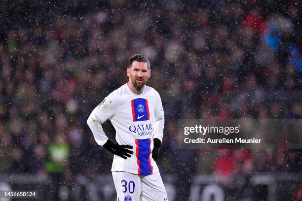 Leo Messi of Paris Saint-Germain looks on during the Ligue 1 match between Stade Rennes and Paris Saint-Germain at Roazhon Park on January 15, 2023...