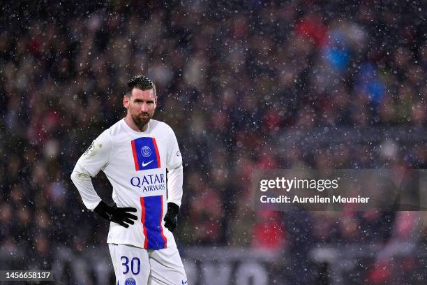 Leo Messi of Paris Saint-Germain looks on during the Ligue 1 match between Stade Rennes and Paris Saint-Germain at Roazhon Park on January 15, 2023...