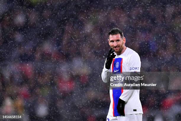 Leo Messi of Paris Saint-Germain reacts during the Ligue 1 match between Stade Rennes and Paris Saint-Germain at Roazhon Park on January 15, 2023 in...