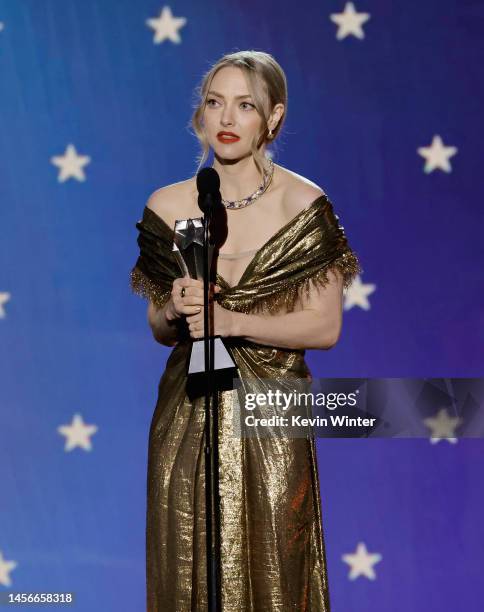 Amanda Seyfried accepts the Best Actress in a Limited Series or Movie Made for Television for "The Dropout" onstage during the 28th Annual Critics...