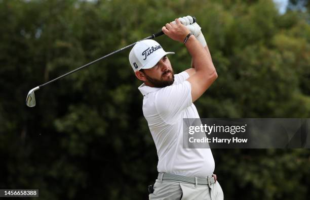 Hayden Buckley of the United States plays his shot from the 16th tee during the final round of the Sony Open in Hawaii at Waialae Country Club on...