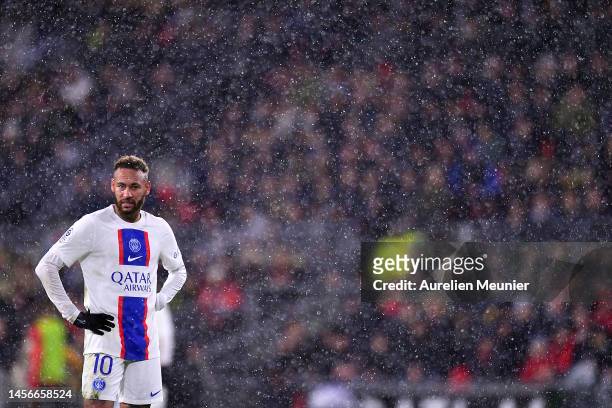 Neymar Jr of Paris Saint-Germain looks on during the Ligue 1 match between Stade Rennes and Paris Saint-Germain at Roazhon Park on January 15, 2023...
