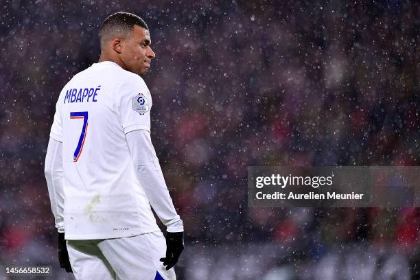 Kylian Mbappe of Paris Saint-Germain reacts during the Ligue 1 match between Stade Rennes and Paris Saint-Germain at Roazhon Park on January 15, 2023...