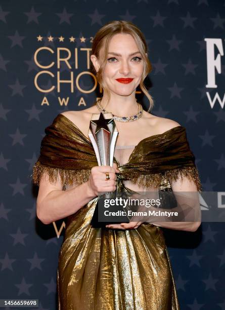 Amanda Seyfried, winner of the Best Actress in a Limited Series or Movie Made for Television for "The Dropout", poses in the press room during the...