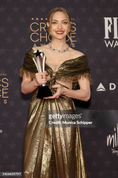 Amanda Seyfried, winner of the Best Actress in a Limited Series or Movie Made for Television for “The Dropout”, poses in the press room during the...