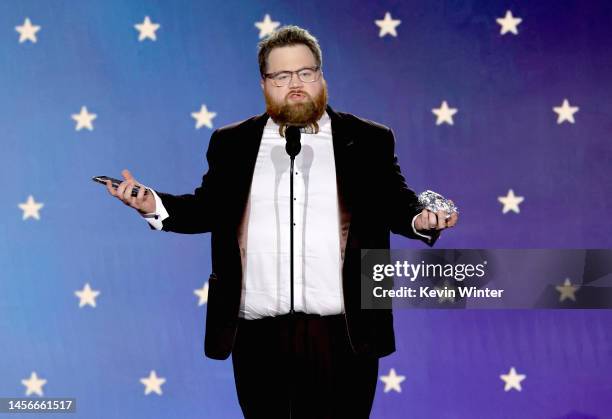 Paul Walter Hauser accepts the Best Supporting Actor in a Movie/Miniseries award for "Black Bird" onstage during the 28th Annual Critics Choice...