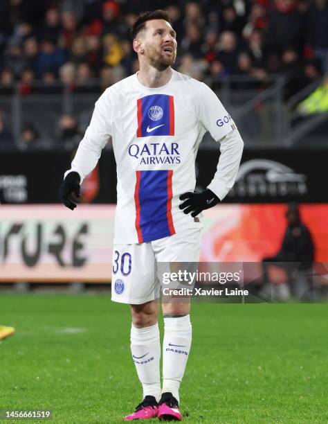 Lionel Messi of Paris Saint-Germain is dissapointed during the Ligue 1 match between Stade Rennes and Paris Saint-Germain at Roazhon Park on January...