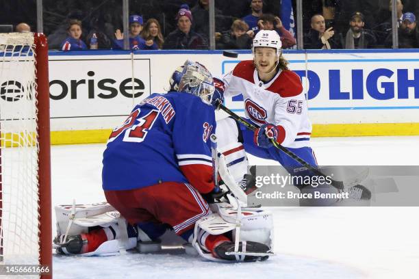 Michael Pezzetta of the Montreal Canadiens takes the third period shot at Igor Shesterkin of the New York Rangers at Madison Square Garden on January...