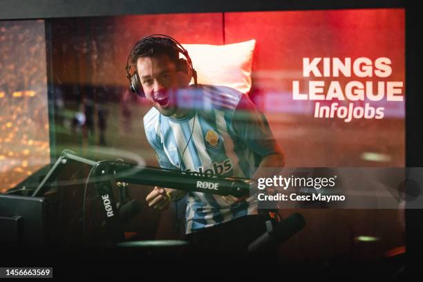 David Canovas aka TheGrefg, president of the Saiyans FC team, comments on the match live during the third day of the Kings League at Cupra Arena on...