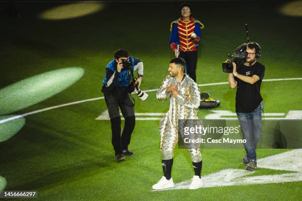 Kun Agüero smiles after taking off the Joker mask during the third day of the Kings League at Cupra Arena on January 15, 2023 in Barcelona, Spain....