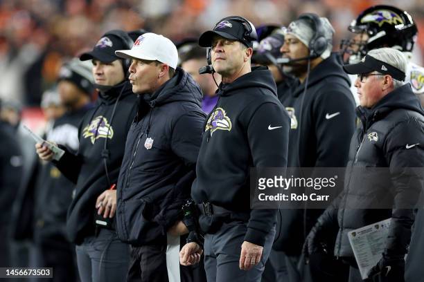 Head coach John Harbaugh of the Baltimore Ravens reacts from the sidelines against the Cincinnati Bengals during the second quarter in the AFC Wild...