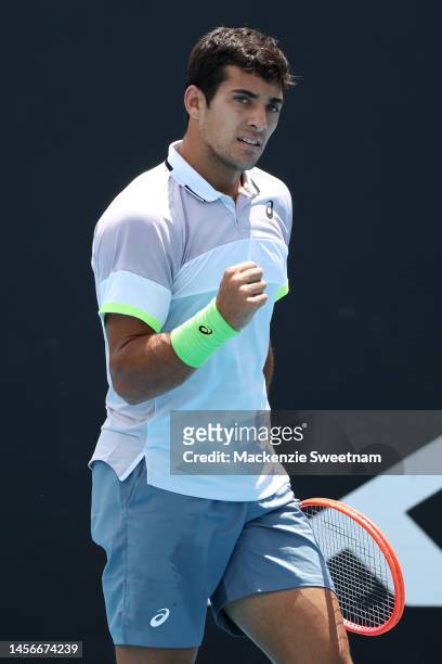 Cristian Garin of Chile reacts in their round one singles match against Sebastian Korda of the United States during day one of the 2023 Australian...