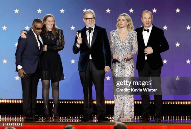 Giancarlo Esposito, Melissa Bernstein, Peter Gould, Rhea Seehorn and Bob Odenkirk accept the Best Drama Series award for "Better Call Saul" onstage...