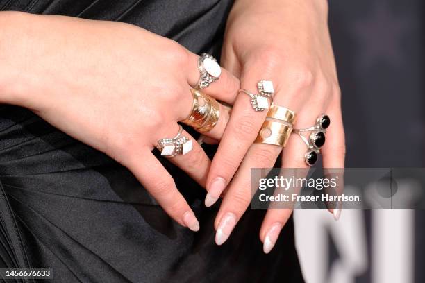 Amber Midthunder, ring, manicure, and fashion detail, attends the 28th Annual Critics Choice Awards at Fairmont Century Plaza on January 15, 2023 in...