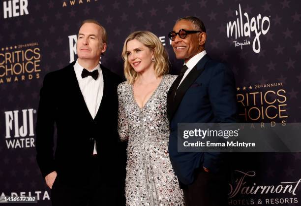 Bob Odenkirk, Rhea Seehorn, and Giancarlo Esposito, winners of the Best Drama Series award for "Better Call Saul", poses in the press room during the...