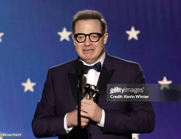 Brendan Fraser accepts the Best Actor award for "The Whale" onstage during the 28th Annual Critics Choice Awards at Fairmont Century Plaza on January...