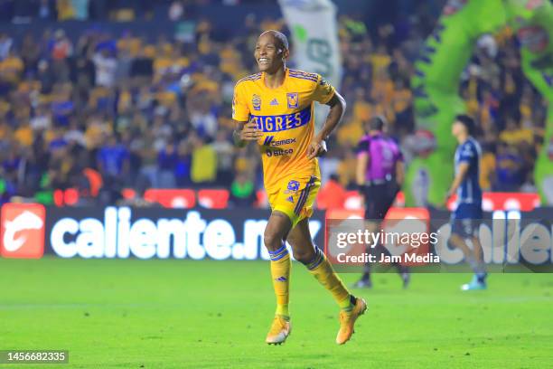 Luis Quiñones of Tigres celebrates after scoring the team's third goal during the 2nd round match between Tigres UANL and Pachuca as part of the...